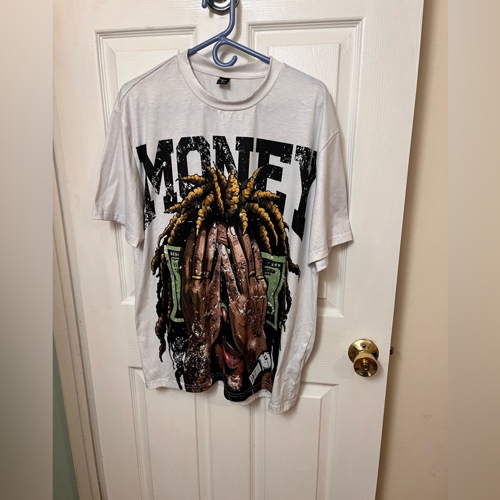 White Graphic Tee with Money Design